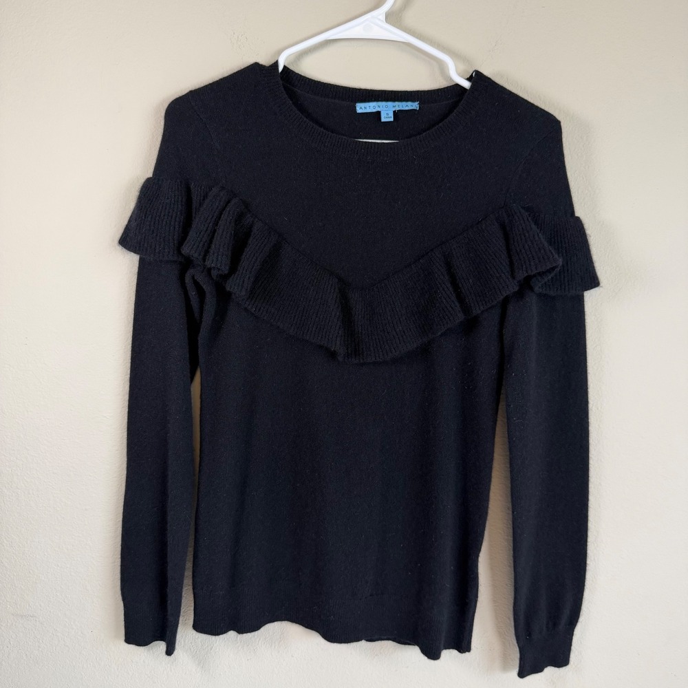 Antonio Melani 100% Cashmere Sweater Womens S Black Ruffle Knit Soft Luxe